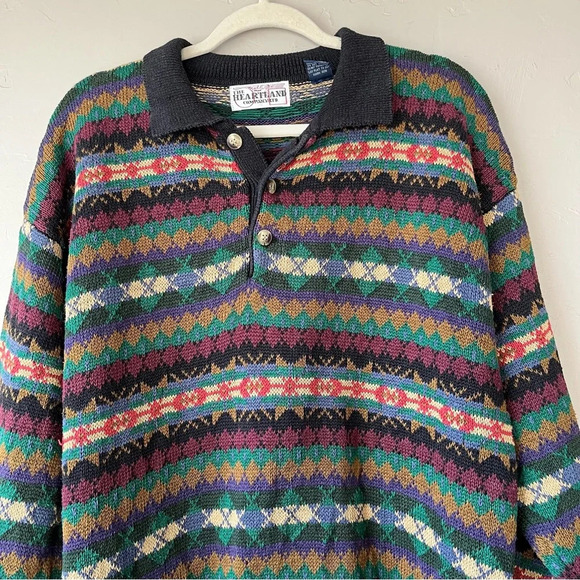 Mens vtg Sweater fair isle Henley collar 90s preppy cottage goblin retro plaid - Picture 2 of 10